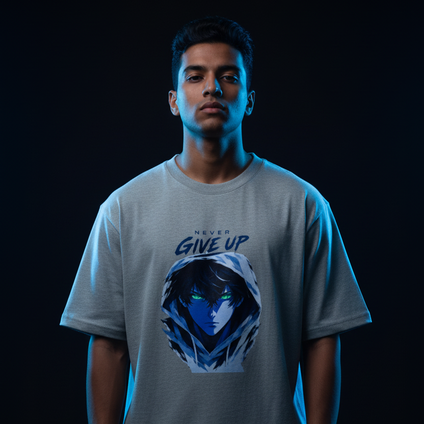Anime Oversized Graphic T-Shirt – Never Give Up Print | 240 GSM Heavyweight Cotton