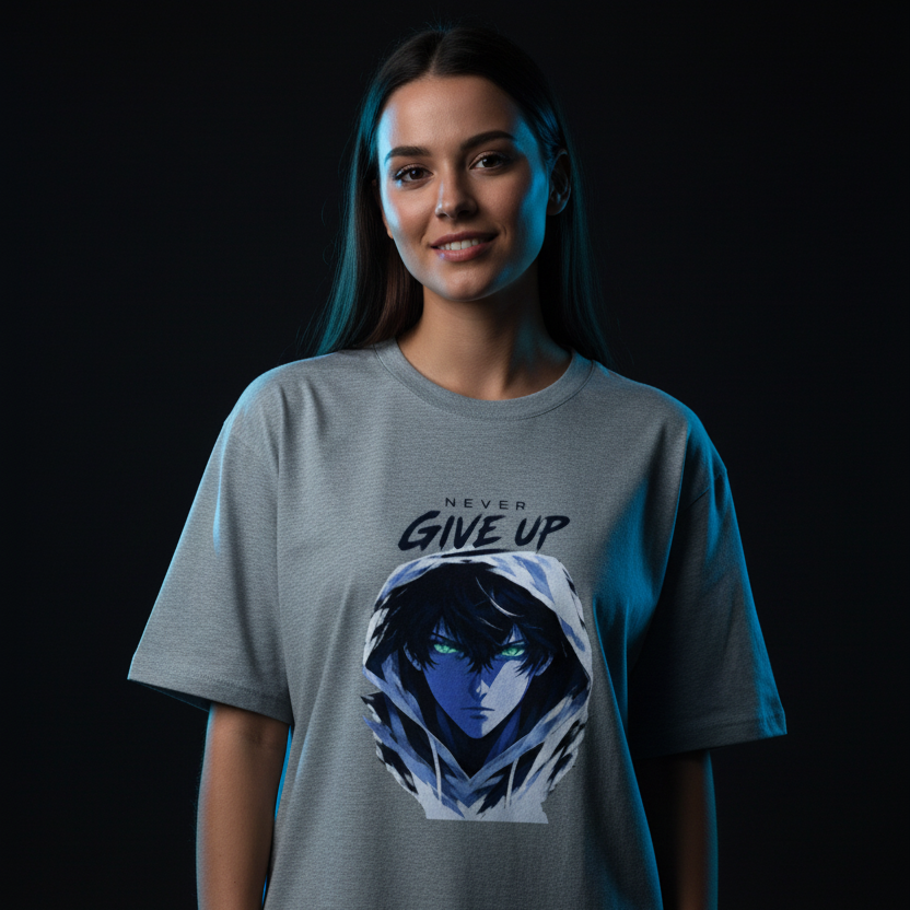 Anime Oversized Graphic T-Shirt – Never Give Up Print | 240 GSM Heavyweight Cotton