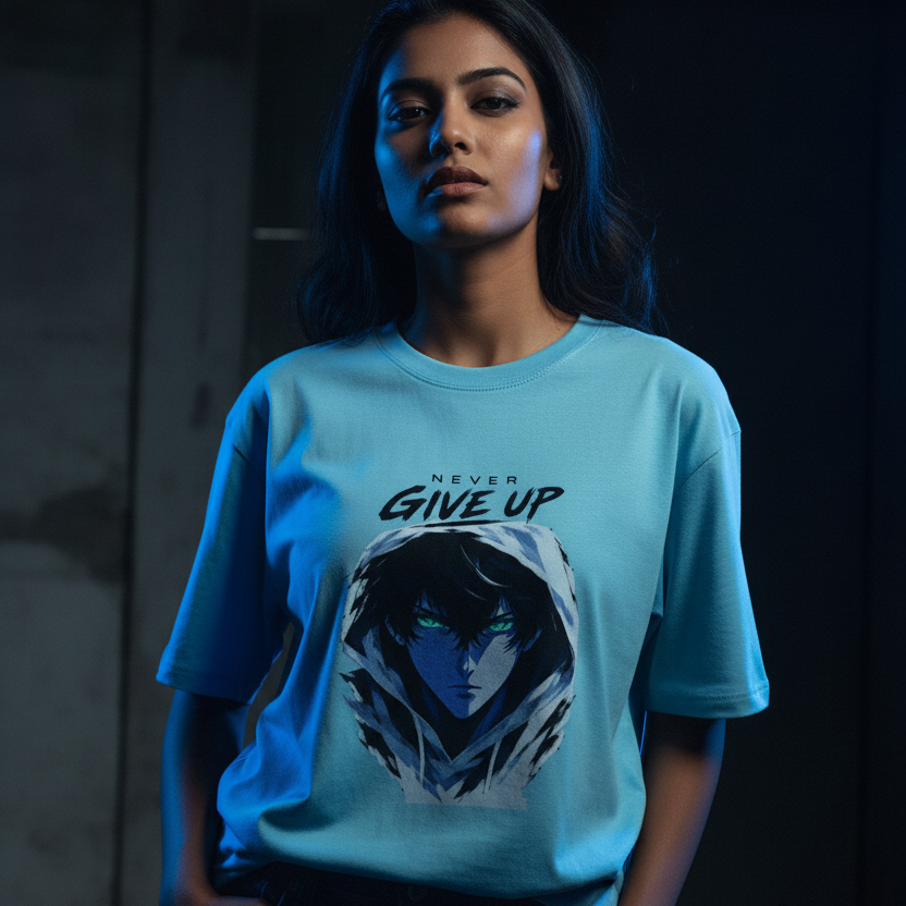 Anime Oversized Graphic T-Shirt – Never Give Up Print | 240 GSM Heavyweight Cotton