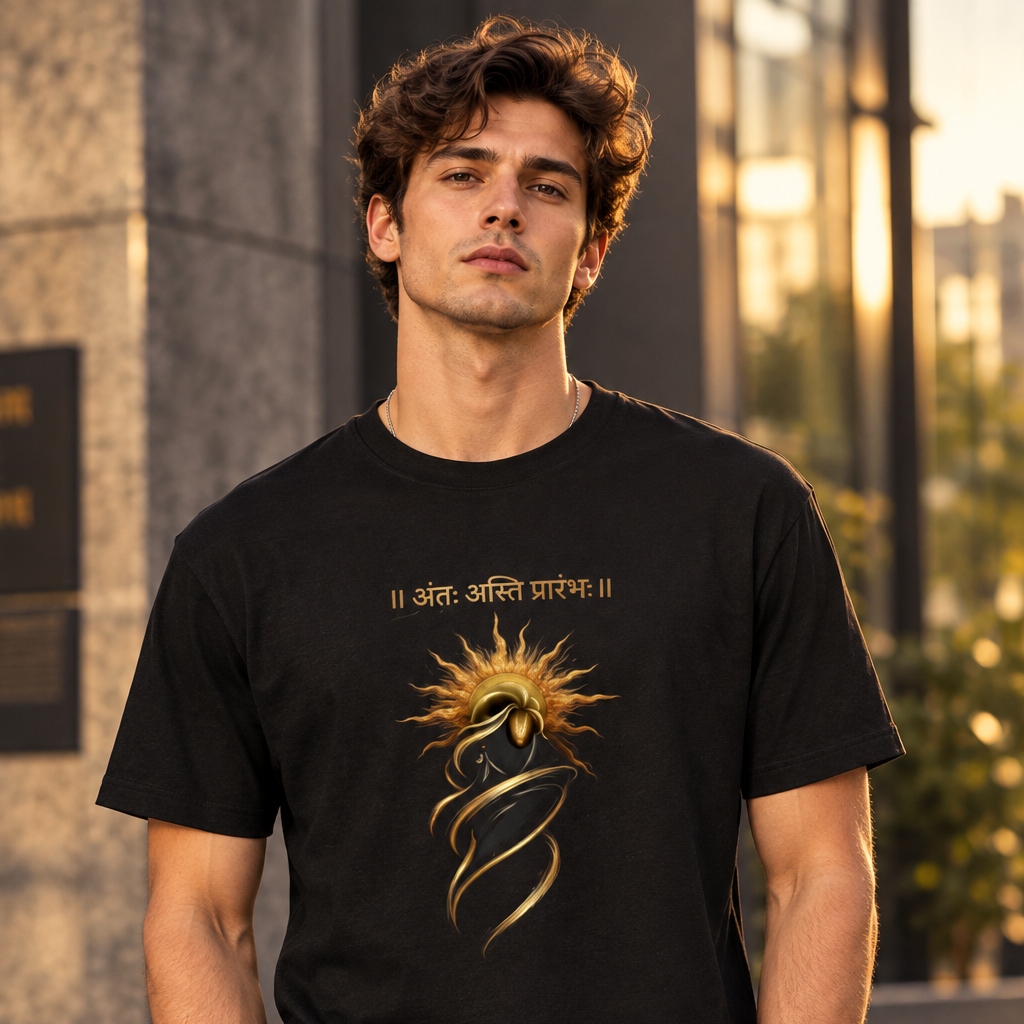 Sanskrit Print Graphic T-Shirt – Anth Asti Prarambh | 180 GSM Standard Crew Cotton