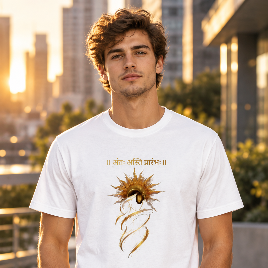 Sanskrit Print Graphic T-Shirt – Anth Asti Prarambh | 180 GSM Standard Crew Cotton