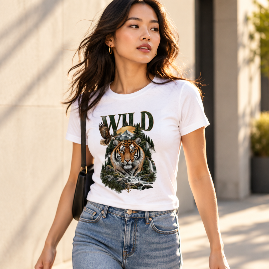 Wild Tiger Print Graphic T-Shirt | 180 GSM Standard Crew 100% Cotton