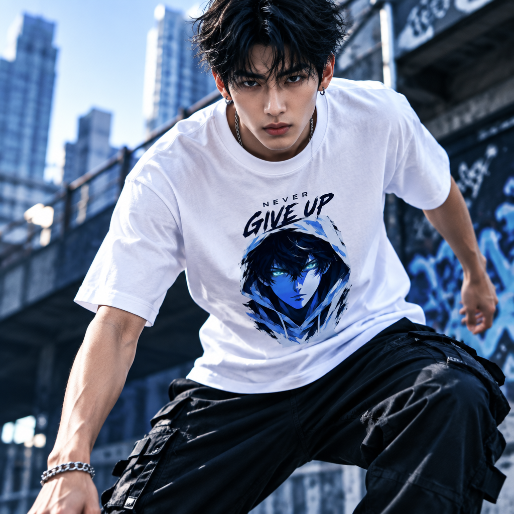 Never Give Up Anime Graphic T-Shirt | 180 GSM Standard Crew Cotton