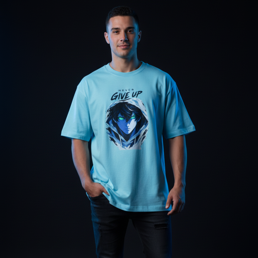 Anime Oversized Graphic T-Shirt – Never Give Up Print | 240 GSM Heavyweight Cotton