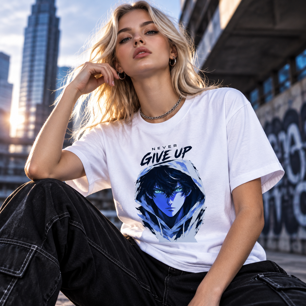 Never Give Up Anime Graphic T-Shirt | 180 GSM Standard Crew Cotton