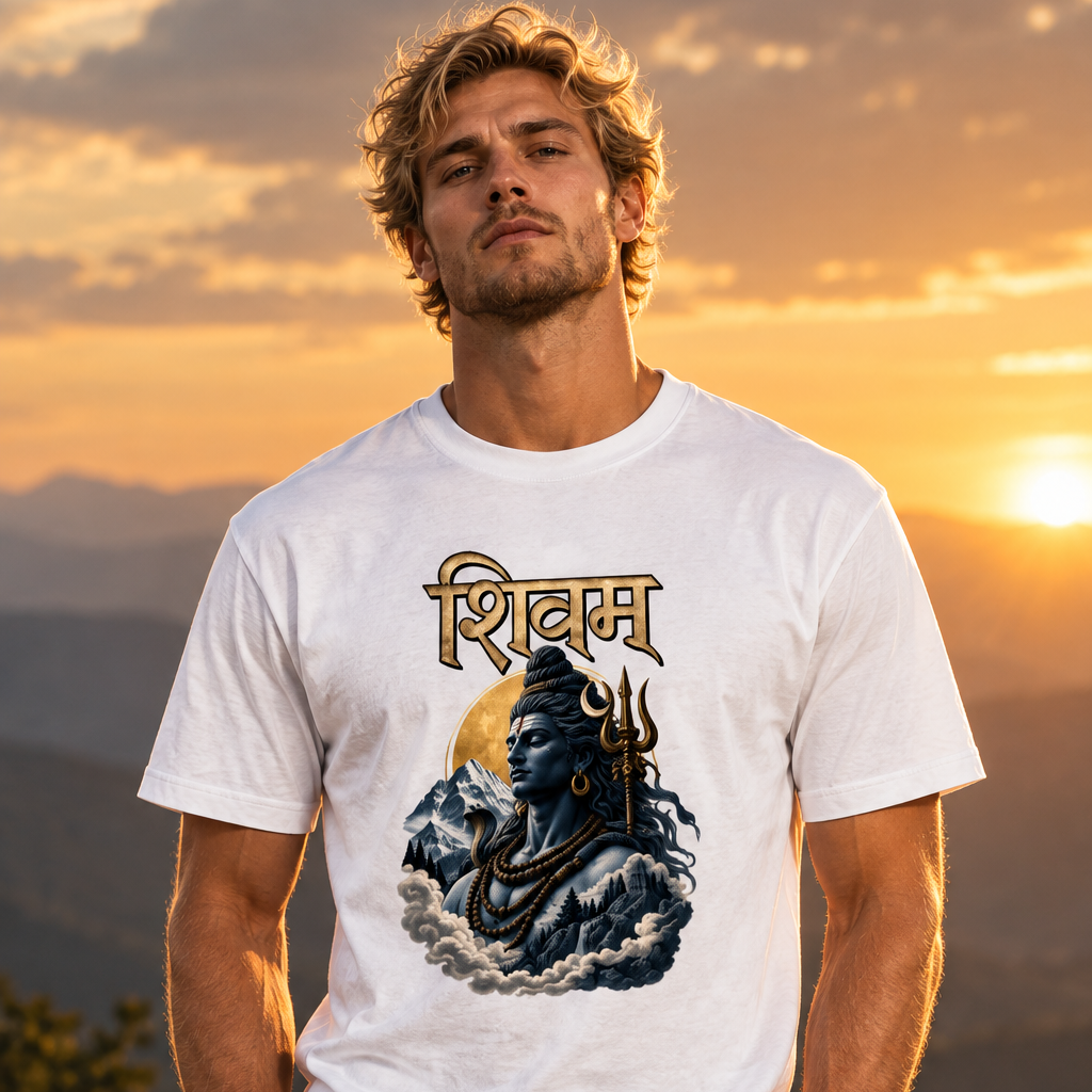 Lord Shiva Devotional Graphic T-Shirt – Shivam | 180 GSM Standard 100% Cotton