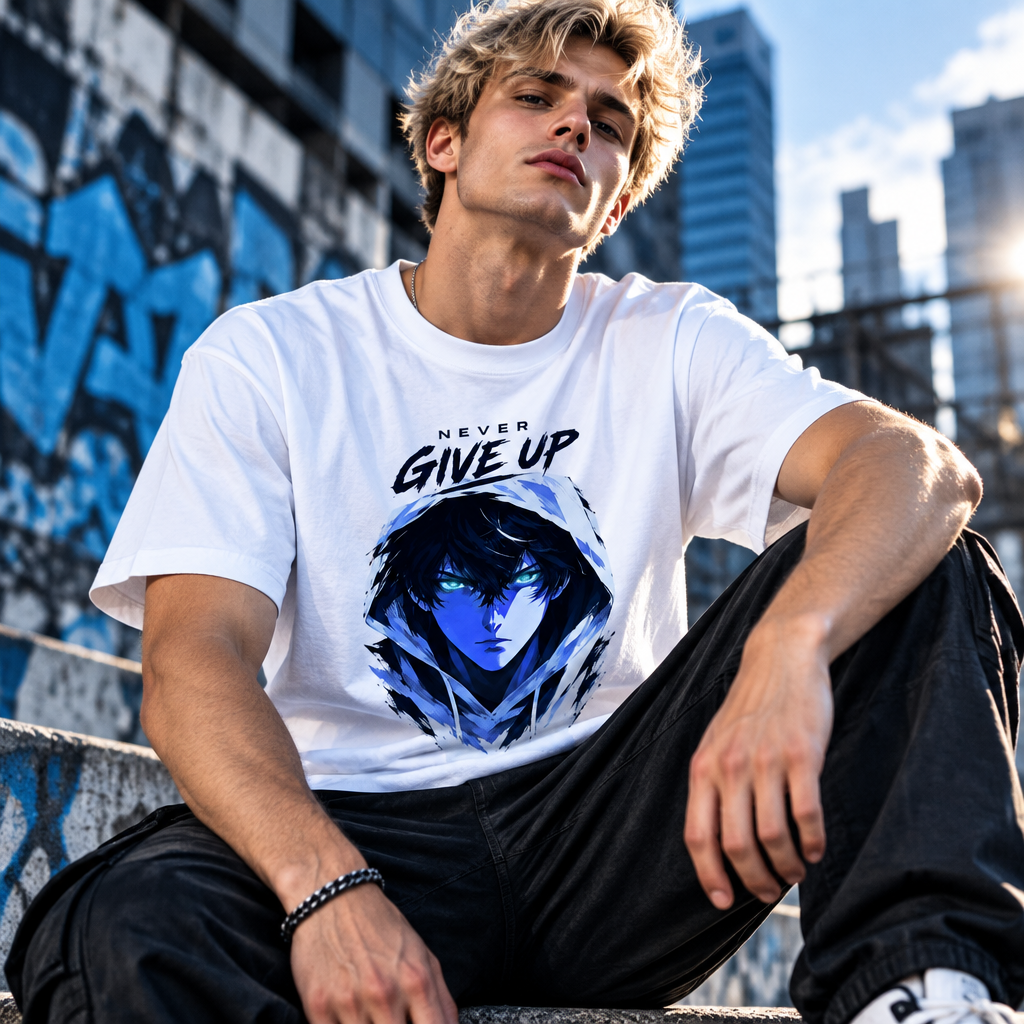 Never Give Up Anime Graphic T-Shirt | 180 GSM Standard Crew Cotton