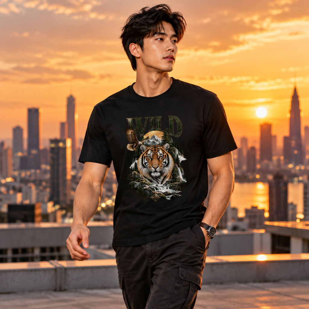 Wild Tiger Print Graphic T-Shirt | 180 GSM Standard Crew 100% Cotton
