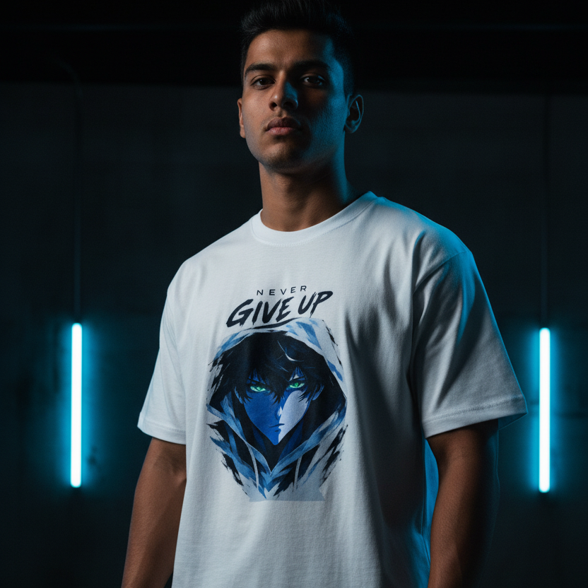 Anime Oversized Graphic T-Shirt – Never Give Up Print | 240 GSM Heavyweight Cotton
