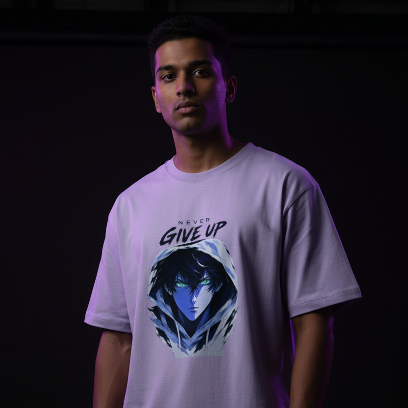 Anime Oversized Graphic T-Shirt – Never Give Up Print | 240 GSM Heavyweight Cotton