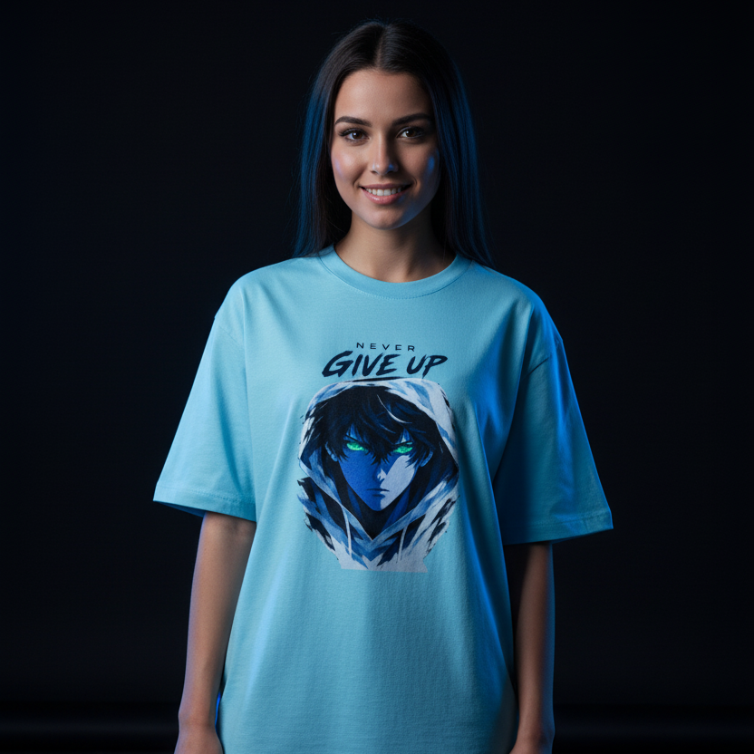 Anime Oversized Graphic T-Shirt – Never Give Up Print | 240 GSM Heavyweight Cotton