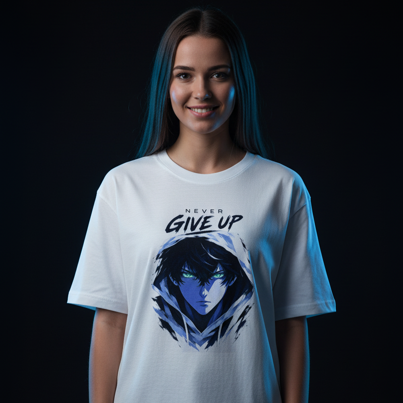 Anime Oversized Graphic T-Shirt – Never Give Up Print | 240 GSM Heavyweight Cotton