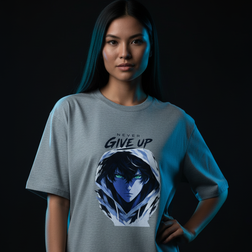 Anime Oversized Graphic T-Shirt – Never Give Up Print | 240 GSM Heavyweight Cotton