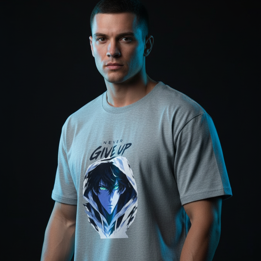Anime Oversized Graphic T-Shirt – Never Give Up Print | 240 GSM Heavyweight Cotton