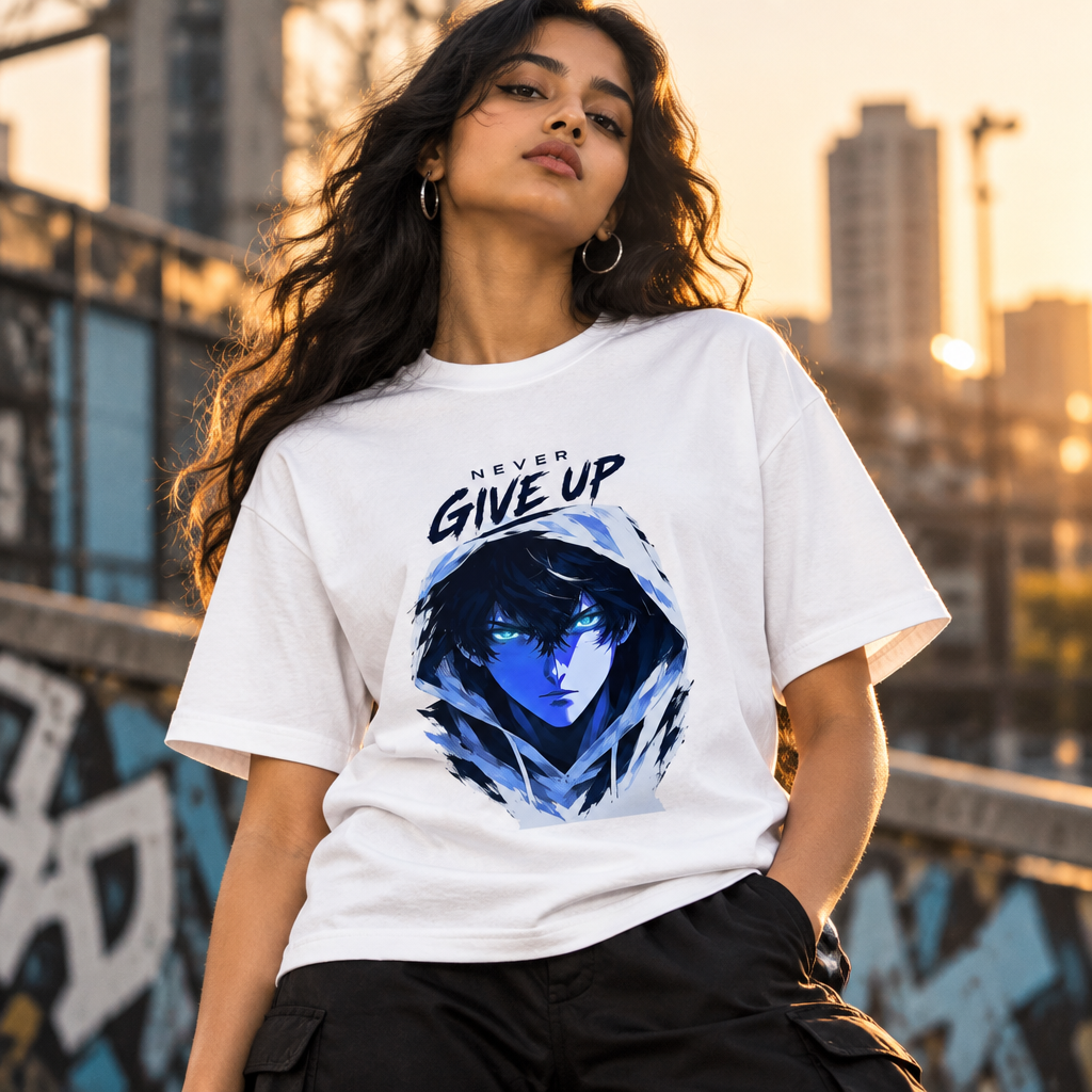 Never Give Up Anime Graphic T-Shirt | 180 GSM Standard Crew Cotton