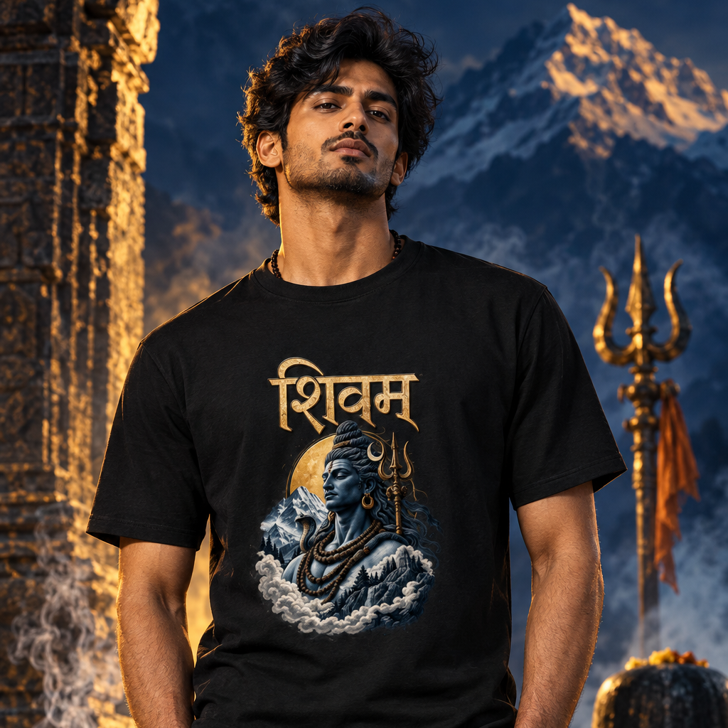 Lord Shiva Devotional Graphic T-Shirt – Shivam | 180 GSM Standard 100% Cotton
