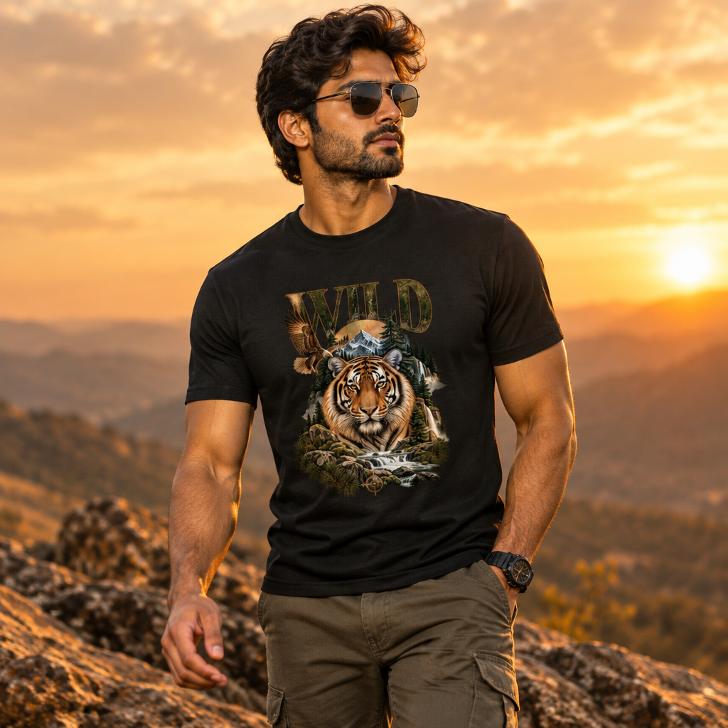 Wild Tiger Print Graphic T-Shirt | 180 GSM Standard Crew 100% Cotton