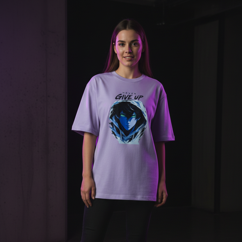 Anime Oversized Graphic T-Shirt – Never Give Up Print | 240 GSM Heavyweight Cotton