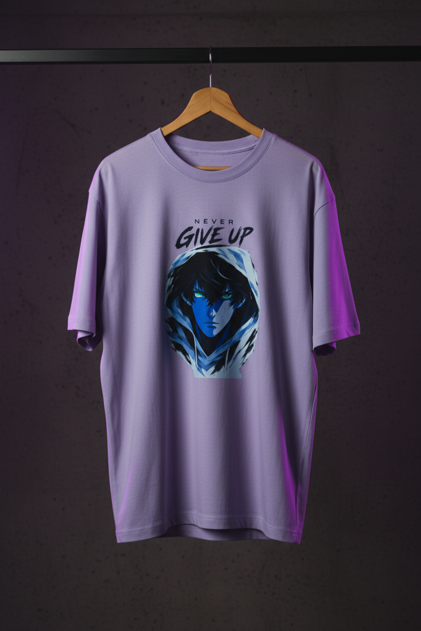 Anime Oversized Graphic T-Shirt – Never Give Up Print | 240 GSM Heavyweight Cotton