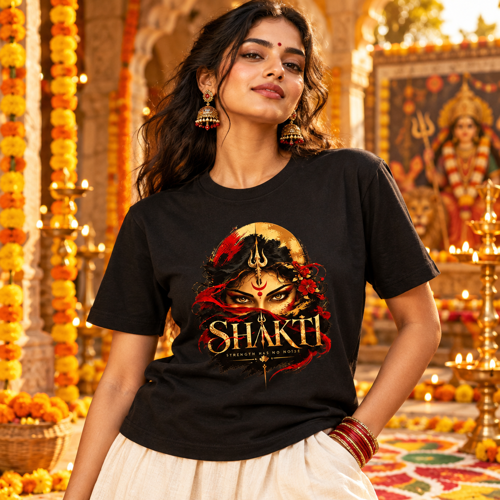 Shakti Goddess Graphic T-Shirt – Strength Has No Noise | 180 GSM Crew 100% Cotton