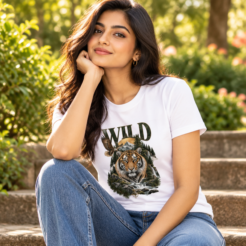 Wild Tiger Print Graphic T-Shirt | 180 GSM Standard Crew 100% Cotton