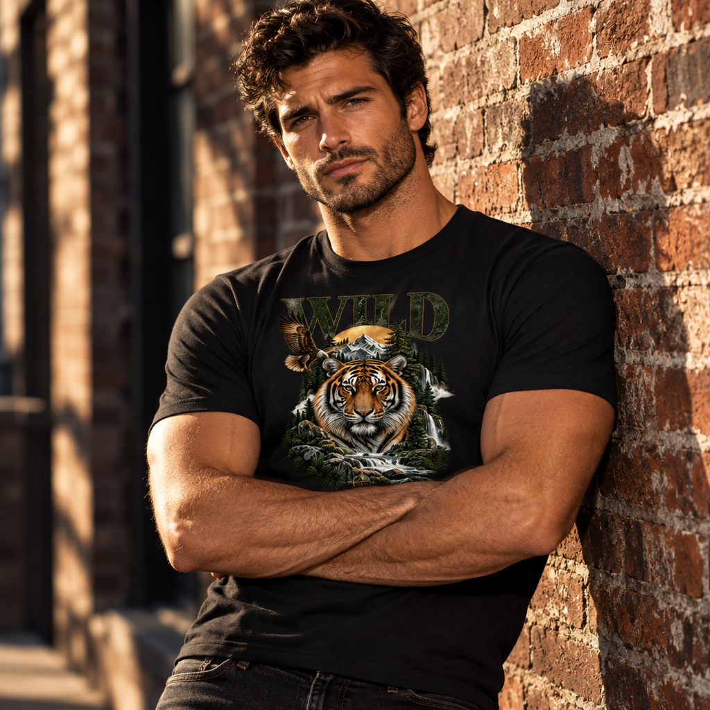 Wild Tiger Print Graphic T-Shirt | 180 GSM Standard Crew 100% Cotton